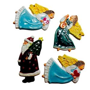 Set of 4 Ceramic Christmas Angels/Santa ornaments/Wall Hangings.